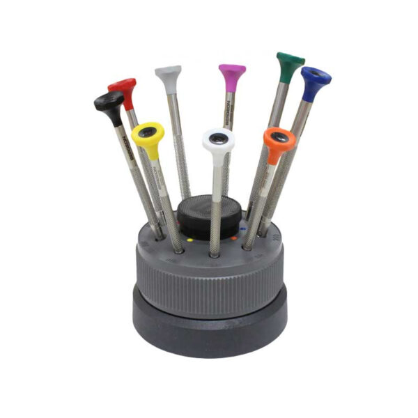 Bergeon 30081-S09 watchmakers screwdriver set on rotating stand stainless steel