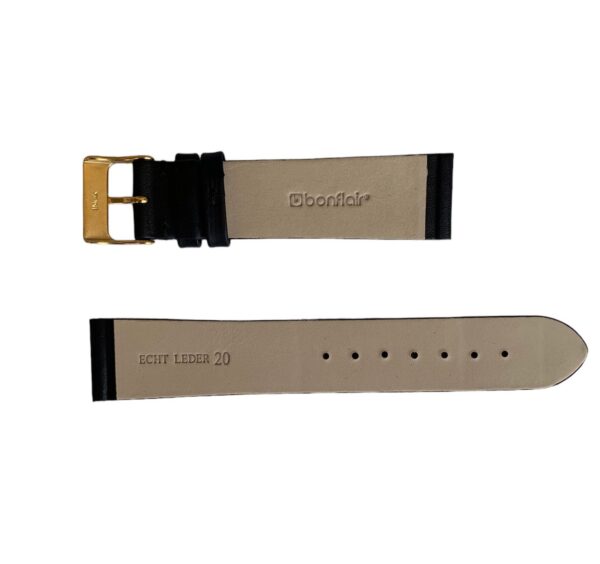 Waterproof black smooth leather watch strap with gold buckle 20mm - Image 2